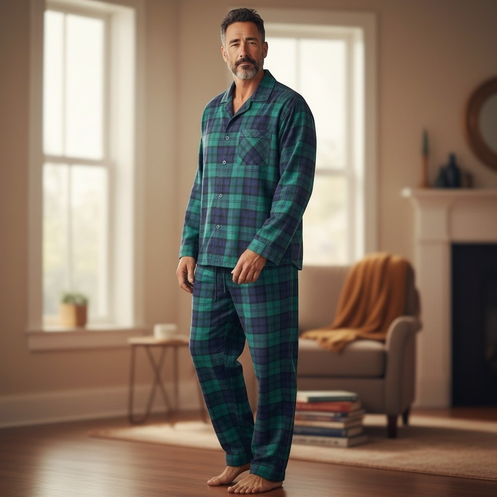 Old Navy Mens Flannel Pajama Set XL Green Navy Blue Plaid Cotton Sleepwear PJs